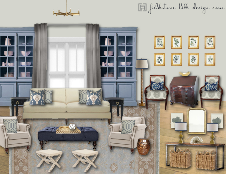 Soft Blue and Gray Family Room - blue and gray design board